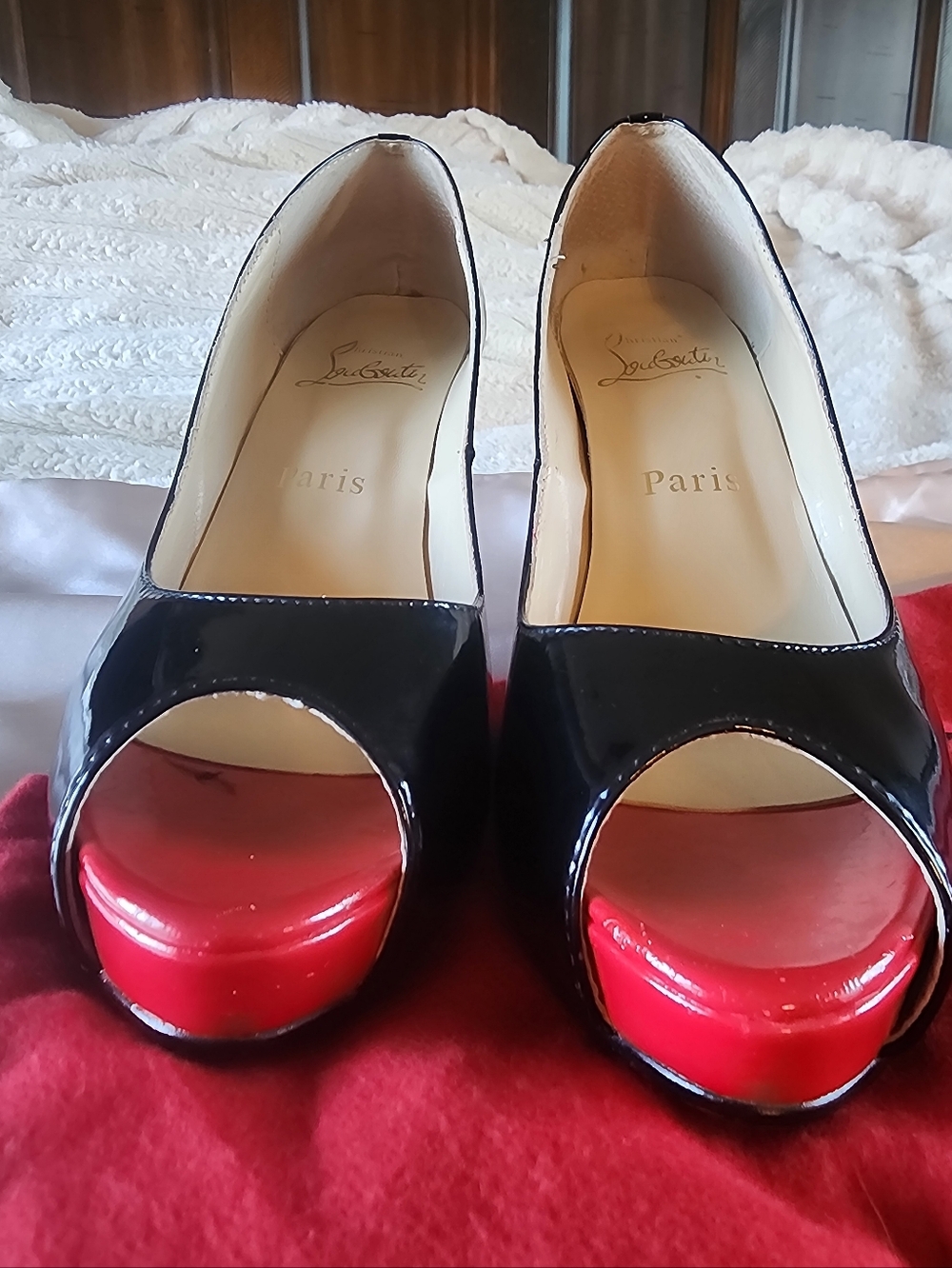 Christian Louboutin Black Patent Peep-Toe Pumps with Red Platform
